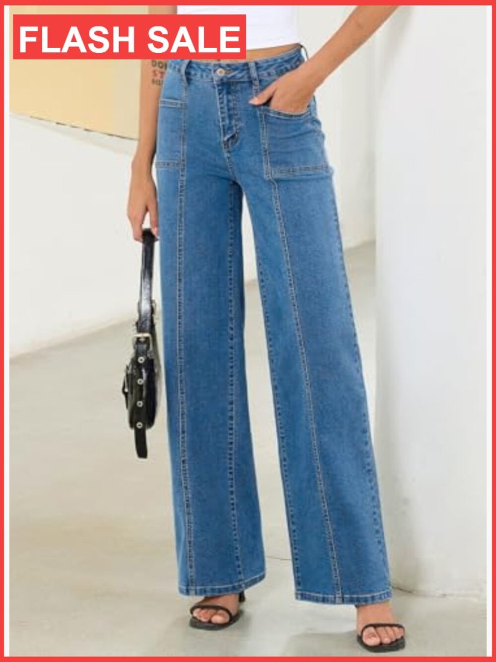 High Waisted Wide Leg Jeans Stretchy Baggy Denim Pants - Picture 3 of 7